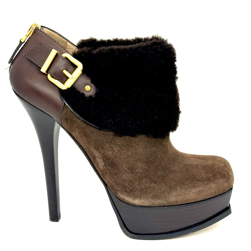 FENDI Fendista Shearling Fur Suede Buckle Platform Ankle Bootie Heels Boots - Picture 9 of 16